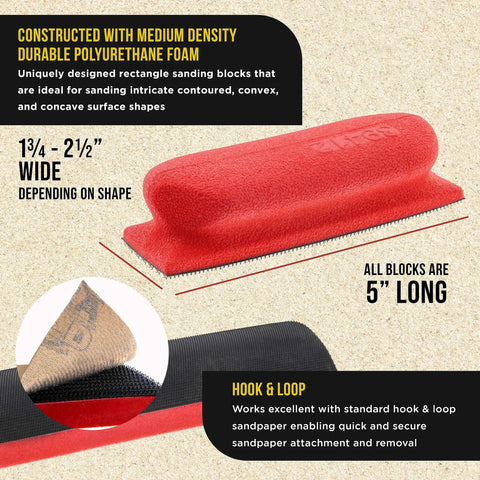 Image of a Pro Grade Contoured Hand Sanding Block Set with red block and hook-and-loop sandpaper, details on size and material.