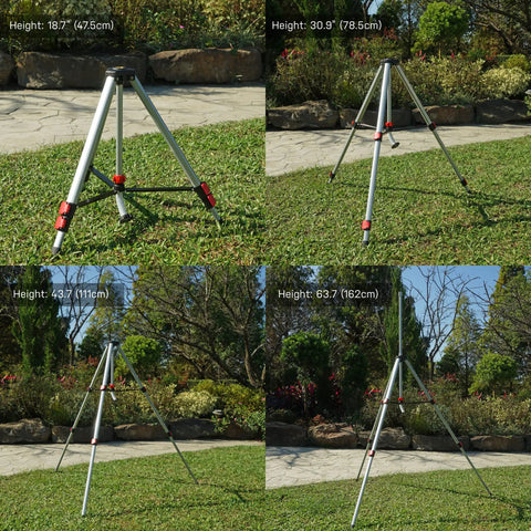 Heavy Duty Telescoping Tripod Sprinkler With Turbo Gear Drive, 6 Spray Patterns, various heights, in a garden setting