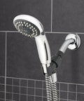 Handheld Shower Head With Eco Flow Low Flow 1.6 GPM Four Spray Modes DIY Easy Install Adjustable Bracket Chrome Finish Saves Water And Cash Bath Fixture Model VBE453 mounted on tiled wall