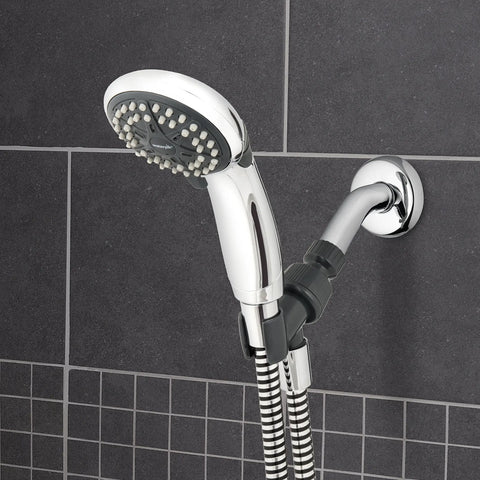 Handheld Shower Head With Eco Flow Low Flow 1.6 GPM Four Spray Modes DIY Easy Install Adjustable Bracket Chrome Finish Saves Water And Cash Bath Fixture Model VBE453 mounted on tiled wall