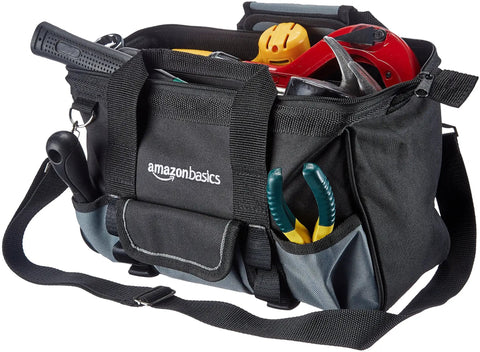 Durable Wear-Resistant 12-Inch Tool Bag With 16 Pockets, Adjustable Shoulder Strap, Grab-And-Go Portable Organizer in black and gray