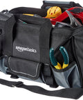 Durable Electrician Tool Bag With Strap And 50 Pockets, Filled With Tools, Upright Non Collapsing Design, Black And Gray