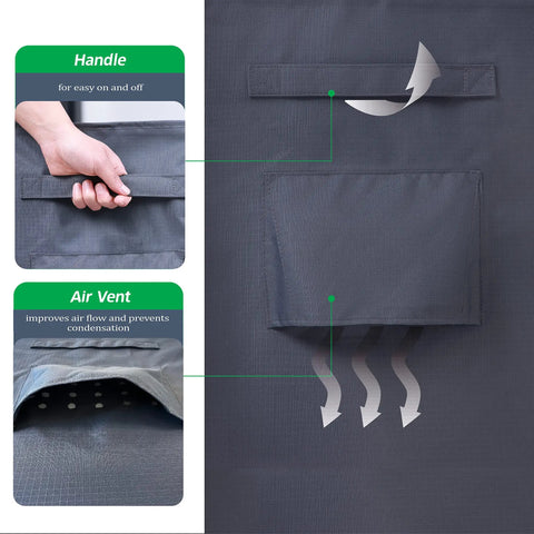 Handle and air vent details of Heavy Duty Waterproof Rectangular Patio Table Cover 86 by 44 by 27.5 Inches