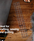 Seam Ready Sewing Ruler 3 By 18 Inch Acrylic Grid Ruler on wooden table with fabric for quilting projects.