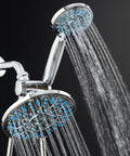 Chrome dual-head design with water flowing from the Antimicrobial Anti-Clog High-Pressure 30-Setting Rain Shower Head With Microban Nozzle Protection