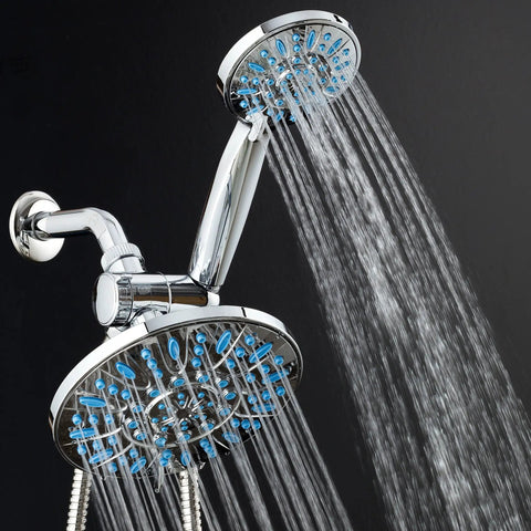 Chrome dual-head design with water flowing from the Antimicrobial Anti-Clog High-Pressure 30-Setting Rain Shower Head With Microban Nozzle Protection