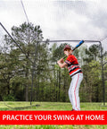 Child batting inside 40 Foot Collapsible Batting Cage With Frame And Netting Freestanding Portable Backyard Baseball And Softball Batting Cage Complete Package For Easy Home Hit Sessions And Backyard Practice Setup.