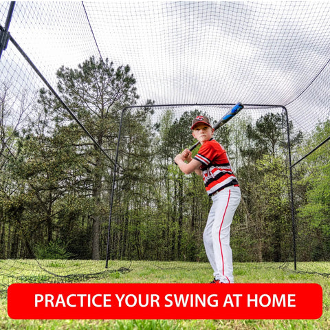 Child batting inside 40 Foot Collapsible Batting Cage With Frame And Netting Freestanding Portable Backyard Baseball And Softball Batting Cage Complete Package For Easy Home Hit Sessions And Backyard Practice Setup.