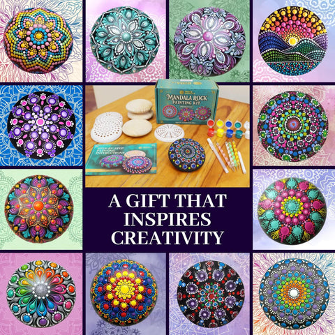 Rock Painting Kit With Dotting Tools And Stencils And Acrylic Paints For Easy At Home Relaxing DIY Arts And Crafts Includes 5 Wooden Rocks 6 Mandala Stencils 12 Vibrant Colors And All The Dotting Tools For Adults And Women