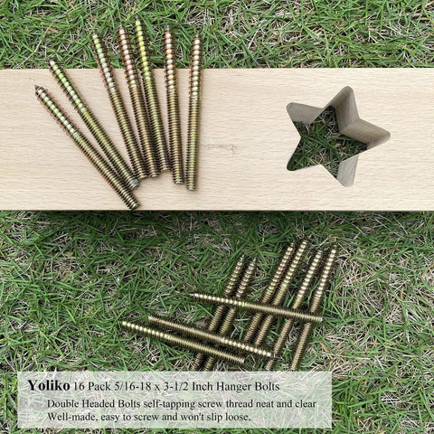 Top Shelf Heavy Duty Rock Solid 16 Pack 5/16 X 3 1/2 Inch Hanger Bolts displayed on wood, showing self-tapping threads and bolts.