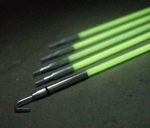 Close-up of hook ends on Glo Fish 15 Ft Glow In The Dark Fiberglass Fish Sticks Kit With Interlocking 3 Ft Segments, white rods aligned.