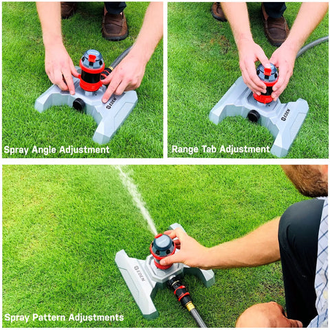 Adjusting the Badass Rotary Gear Drive Lawn And Garden Sprinkler Head with smooth rolling wheels and spray settings.