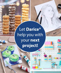 Art and craft supplies including donuts, drawing set, painting tools, and organized workspace with storage.