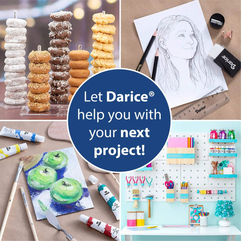 Art and craft supplies including donuts, drawing set, painting tools, and organized workspace with storage.