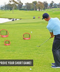 Golf player using Chipster Range Golf Chipping Practice Net Target System with carrying case; three pop-up target zones visible.