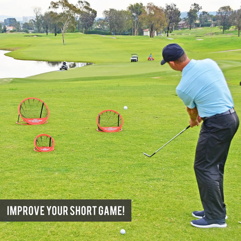 Golf player using Chipster Range Golf Chipping Practice Net Target System with carrying case; three pop-up target zones visible.