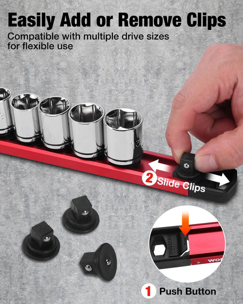 Deadset Reliable Magnetic Socket Organizer Slick Push Button Sliding Rail showcasing socket clips for easy add/remove use.