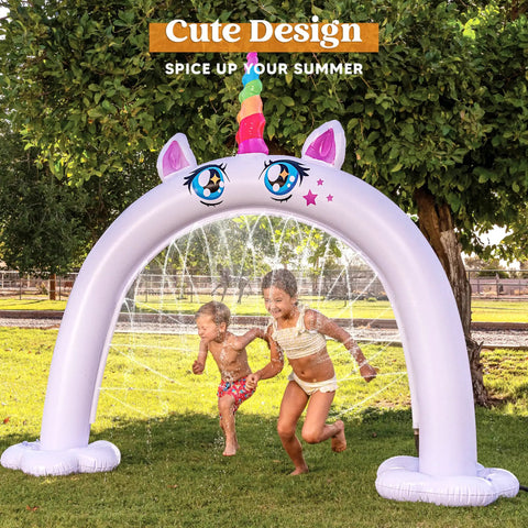 Inflatable Unicorn Arch Sprinkler For Kids Rainbow Water Curtain Toy For Outdoor Play Backyard Summer Water Party Easy Setup 82 By 65 Inches Kid Safe Summer Fun Totally in use with children playing