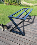 Beefy Heavy Duty Metal Table Base Built To Last With 700 Lb Capacity; X-shaped frame on patio, 28 inch high, adjustable size