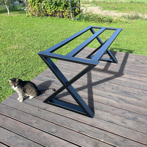 Beefy Heavy Duty Metal Table Base Built To Last With 700 Lb Capacity; X-shaped frame on patio, 28 inch high, adjustable size