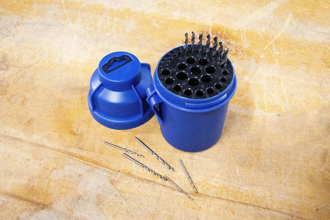 Blue Jobber Length Drill Bit Pod Organizer with 29 slots and twist-lock lid shown open, holding various size drill bits.