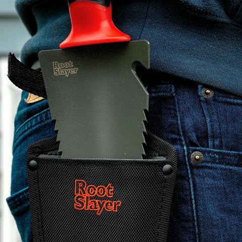 All In One Garden Trowel With Holster For Digging Planting And Root Cutting Serrated Steel Blade Red Durable Comfortable Grip
