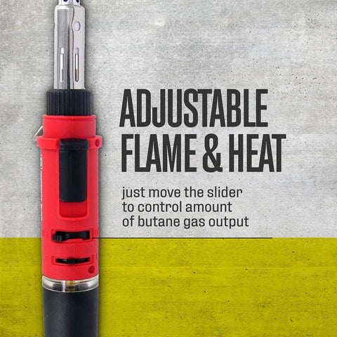 Close-up of red 3 In 1 Butane Soldering Iron Kit With Self Ignition Portable Cordless Torch And Heat Gun featuring adjustment slider.