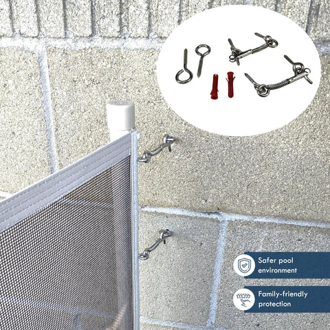 Hella Sturdy Pool Fence Wall Mount Kit For Inground Swimming Pools featuring steel anchors, latches, and hooks mounted on a wall.