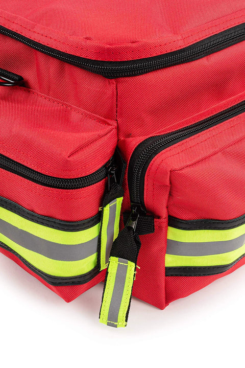 First responder trauma kit bag, red with neon reflective bands and multiple zippered pockets.