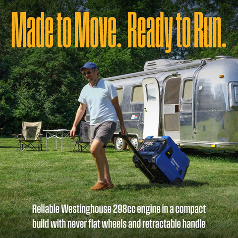 Man transporting Tri Fuel Portable Inverter Generator With Remote Start And Transfer Switch Ready near an RV in a campsite
