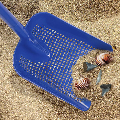 Sand Dipper Treasure Shovel Digger Sifter For Beach Cleanup And Barn Chores, rugged plastic scoop with shells on sand