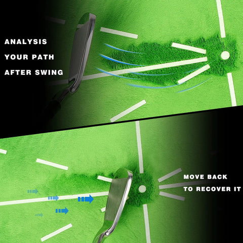 Heavy-Duty Golf Hitting Mat With Swing Path Feedback For Indoor And Outdoor Practice showing path analysis.