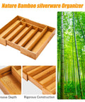 Sleek Expandable Bamboo Drawer Organizer For Kitchen Flatware Holder With Hassle Free Adjustable Compartments cutlery tray with five dividers.