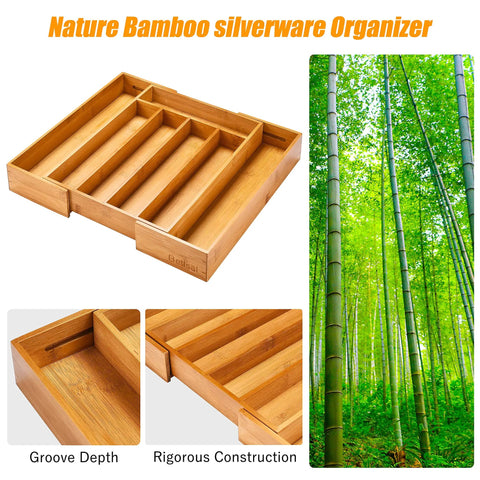 Sleek Expandable Bamboo Drawer Organizer For Kitchen Flatware Holder With Hassle Free Adjustable Compartments cutlery tray with five dividers.