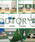 Lush Boxwood Faux Grass Wall Panels Set, 24 Panels, before and after indoor application, UV protected for decor and privacy.