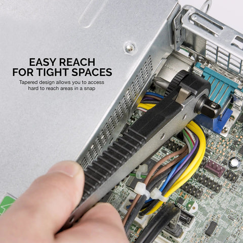 Using Right Angle Mini Ratchet Wrench With 1 Quarter Inch Dual Drive Head Bits and Socket Set in tight computer space.