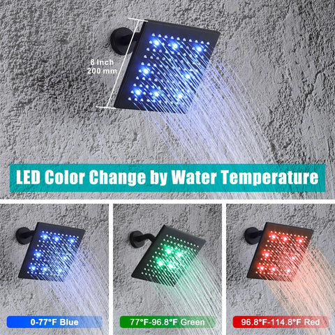 Dope Matte Black 8 Inch LED Rain Shower Head Set with color changing temperature sensor in blue, green, red light phases