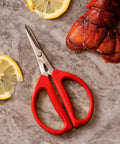 Unlimited Kitchen Scissors All Purpose Kitchen Shears With Comfortable Red Handles, Heavy Duty Stainless Steel Blades For Kitchen Tasks, Craft Cutting, Food Prep And More, beside lobster and lemon slices