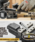 Do-It-All Bench Vise For Woodworking With 3.3 Inch Jaw, 360 Degree Swivel Clamps showing one-click release button and grooved jaw