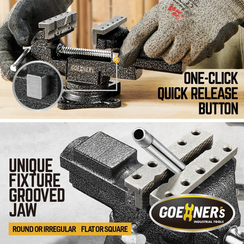 Do-It-All Bench Vise For Woodworking With 3.3 Inch Jaw, 360 Degree Swivel Clamps showing one-click release button and grooved jaw