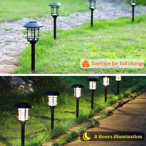 Day and night view of six pack solar powered pathway lights waterproof warm white outdoor lighting for lawn patio yard walkway deck and driveway auto on at dusk off at dawn no wiring