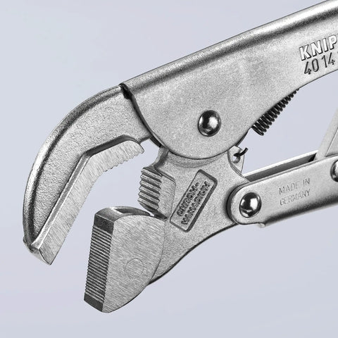 Close-up of 10-inch heavy duty pivoting locking pliers with auto adjusting jaw and release lever for ultra secure grip, toggle action lever.
