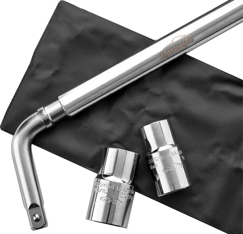 Telescoping Lug Wrench With 1/2 Inch Drive And 17mm 19mm 21mm 22mm Sockets, Heavy Duty Cr-V Steel, Extends To 19 Inches For Maximum Leverage And Folds Down To 13 Inches For Easy Storage, Your Go-To Car Tool Kit on a black bag with sockets