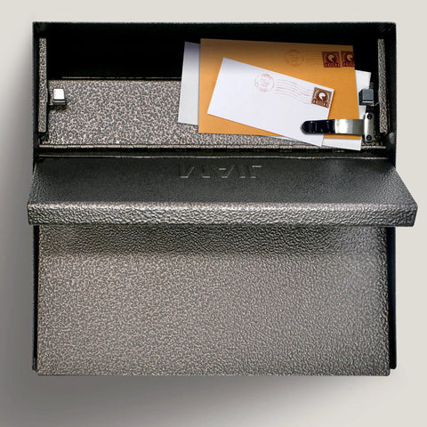7164 Metro Bronze High Capacity Wall Mounted Locking Mailbox with Anti Pry Latch, open view with mail inside