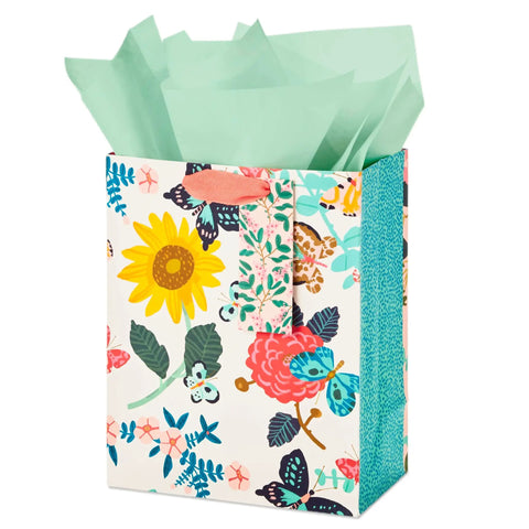 Nine Inch Medium Gift Bag With Tissue Paper Bright Flower Designs For Valentine Day Easter Birthdays Bridal Showers Weddings Baby Showers And Mothers Day A Cute Floral Gift Bag For Any Special Occasion
