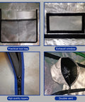 Detail views of 48x48x80 Grow Tent Kit With Tough 19mm Metal Frame, Ultra Reflective 600D Mylar Interior, tool bag, exhaust window, zippers, and vent.