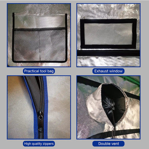 Detail views of 48x48x80 Grow Tent Kit With Tough 19mm Metal Frame, Ultra Reflective 600D Mylar Interior, tool bag, exhaust window, zippers, and vent.