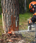 A worker using a chainsaw on a tree with Heavy Duty Tree Felling Wedges 4 Pack With Tough As Nails Spike Bases Guaranteed No Pinch Split High Impact Abs Plastic Woodcutting Gear For Landowners Keeps Firewood Work Smooth.