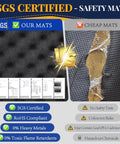 Comparison of our SGS certified safety mat and a cheap mat with visible texture and certification details.