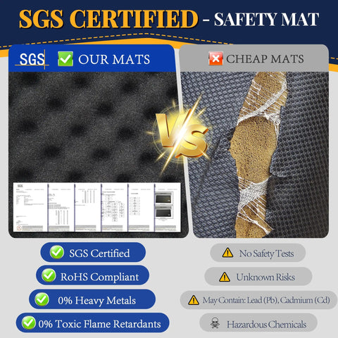Comparison of our SGS certified safety mat and a cheap mat with visible texture and certification details.
